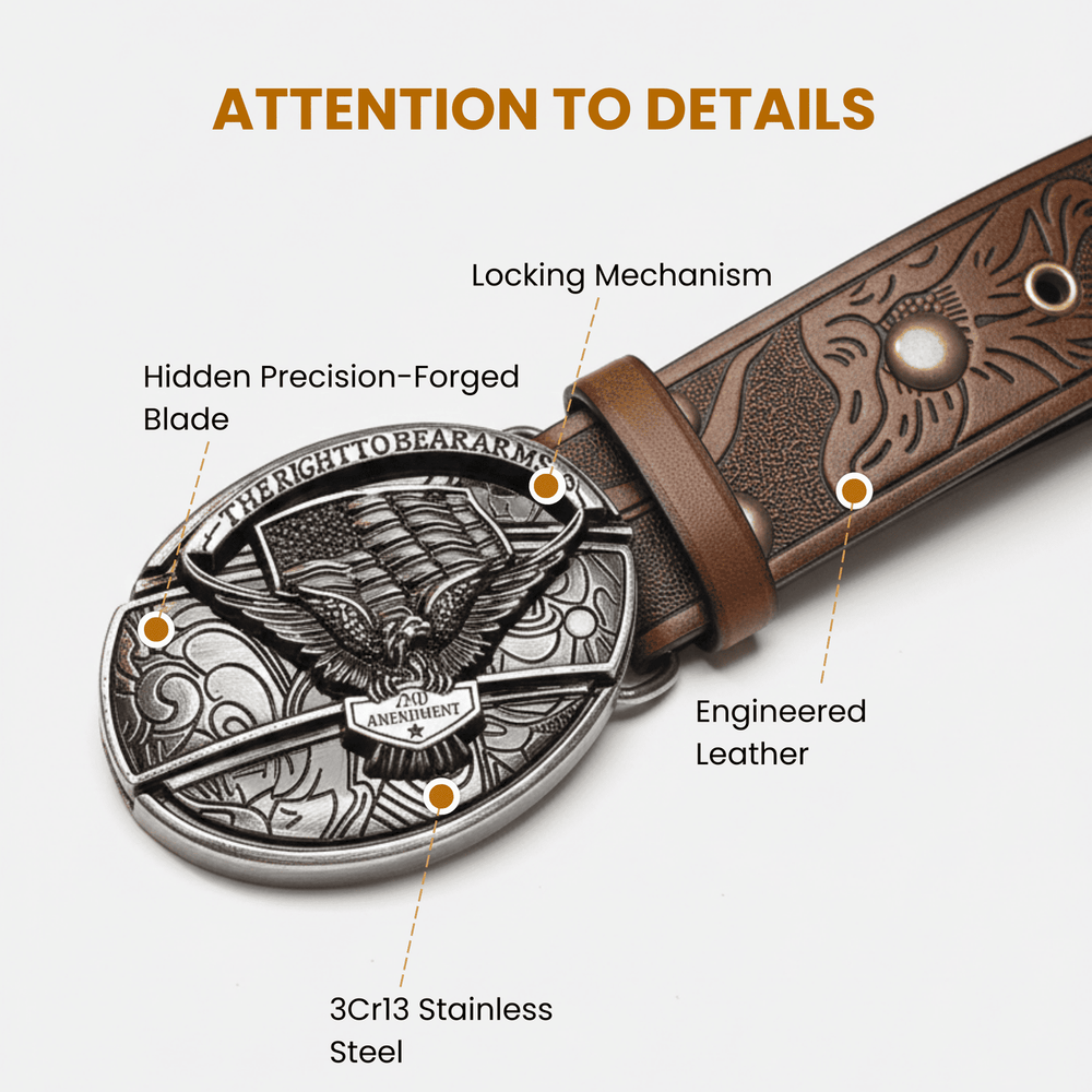 Annotated belt details: locking mechanism, hidden blade, engineered leather, 3Cr13 stainless steel