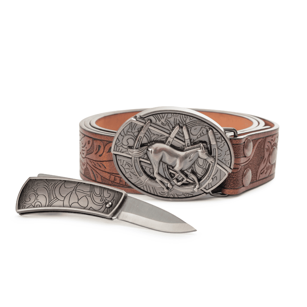 Tooled strap with engraved buckle